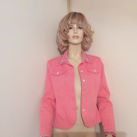 Christine Alexander NWOT Barbie Pink Denim Jacket Crystal Buttons Women Size S - Picture 1 of 8